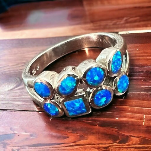 Blue Opalite Multi - stone Ring on Sterling Silver - Cowhide and Conchos