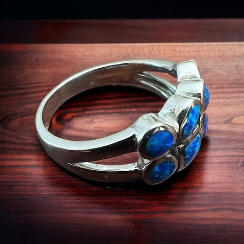 Blue Opalite Multi - stone Ring on Sterling Silver - Cowhide and Conchos