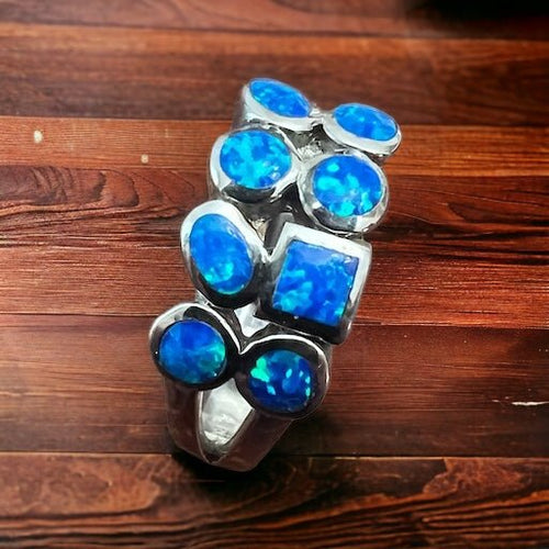 Blue Opalite Multi - stone Ring on Sterling Silver - Cowhide and Conchos