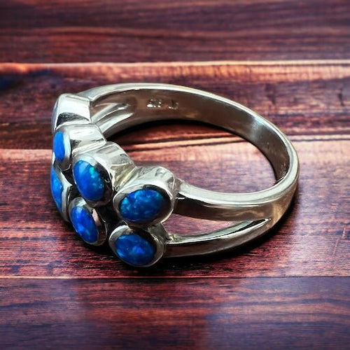 Blue Opalite Multi - stone Ring on Sterling Silver - Cowhide and Conchos