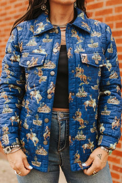 Blue Western Cowboy Desert Printed Quilted Jacket - Cowhide and Conchos