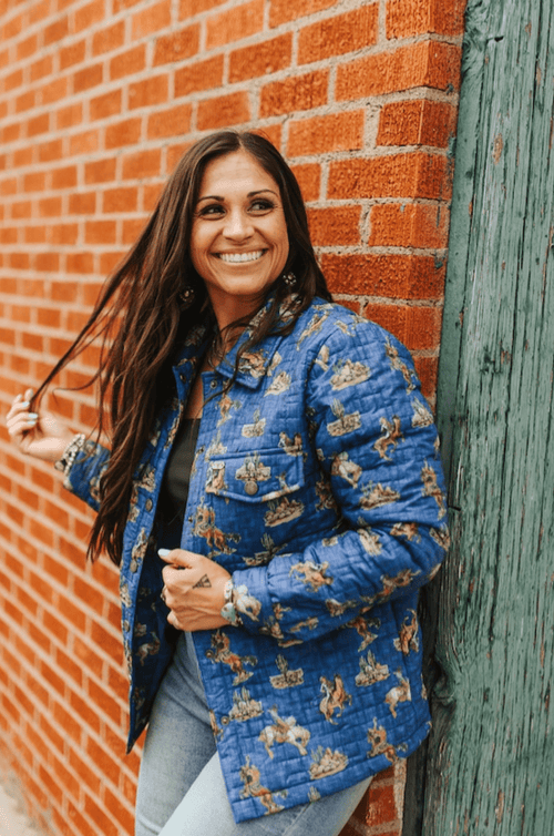 Blue Western Cowboy Desert Printed Quilted Jacket - Cowhide and Conchos