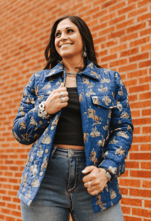 Blue Western Cowboy Desert Printed Quilted Jacket - Cowhide and Conchos