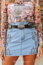 Boot Stitch Denim Skirt - Cowhide and Conchos