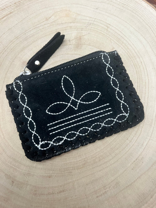 Boot stitch Leather Coin and Card Purse - Cowhide and Conchos