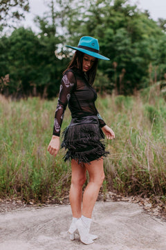 Boots Rhinestone Black Mesh Top - Cowhide and Conchos