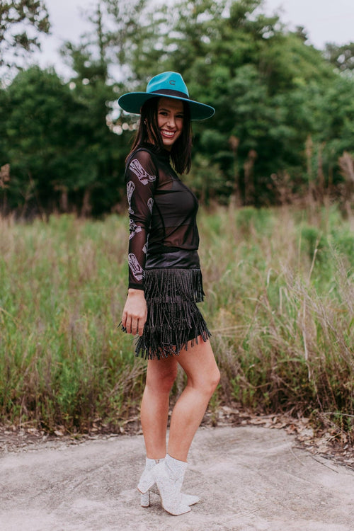 Boots Rhinestone Black Mesh Top - Cowhide and Conchos