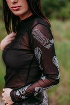 Boots Rhinestone Black Mesh Top - Cowhide and Conchos