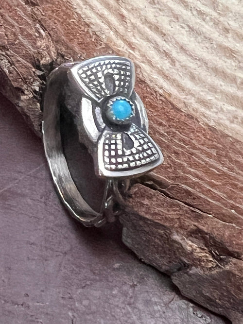 Bow Ring with Kingman Turquoise - Cowhide and Conchos