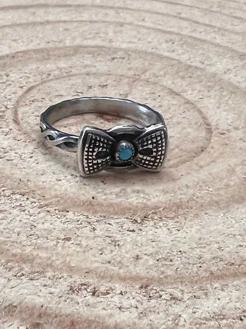 Bow Ring with Kingman Turquoise - Cowhide and Conchos