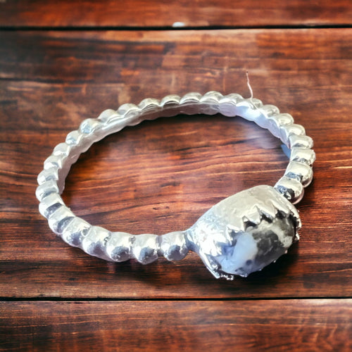 Briar White Buffalo Sterling Stacker Ring - Cowhide and Conchos