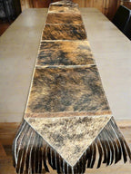 Brown Brindle Cowhide Table Runner with Fringe - Cowhide and Conchos