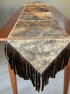 Brown Brindle Cowhide Table Runner with Fringe - Cowhide and Conchos