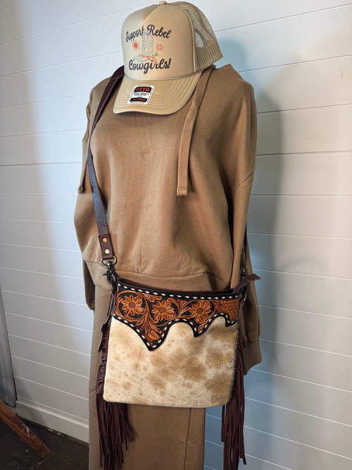 Brown Cowhide Fringe Crossbody - Cowhide and Conchos