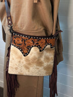 Brown Cowhide Fringe Crossbody - Cowhide and Conchos