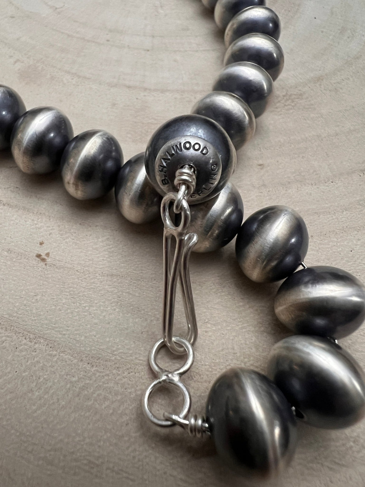 Bryannen Halwood Navajo Sterling Silver Handcrafted Navajo Pearl Necklace — 16" (10mm×13mm Beads, Heirloom) - Cowhide and Conchos