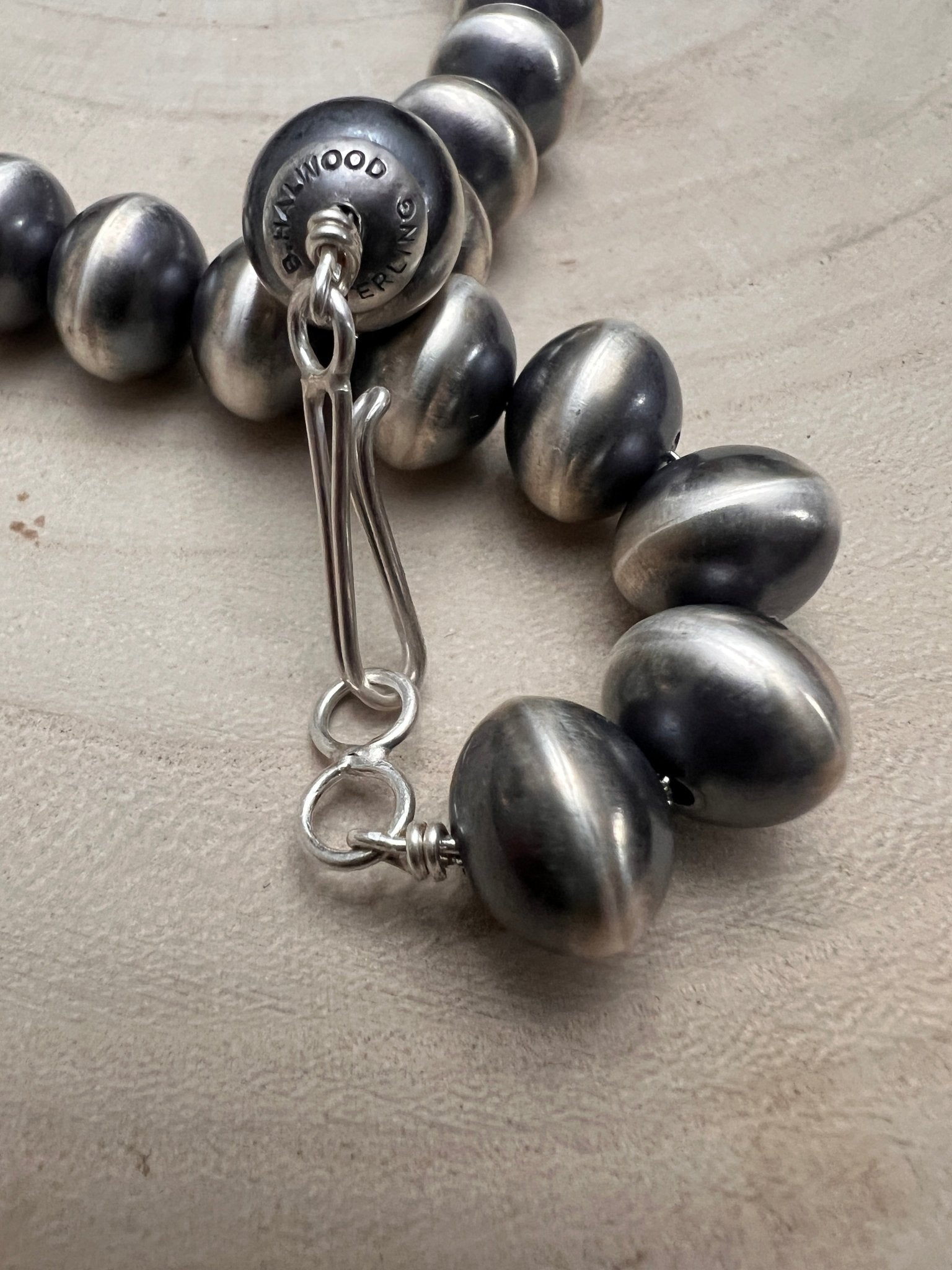 Bryannen Halwood Navajo Sterling Silver Handcrafted Navajo Pearl Necklace — 16" (10mm×13mm Beads, Heirloom) - Cowhide and Conchos