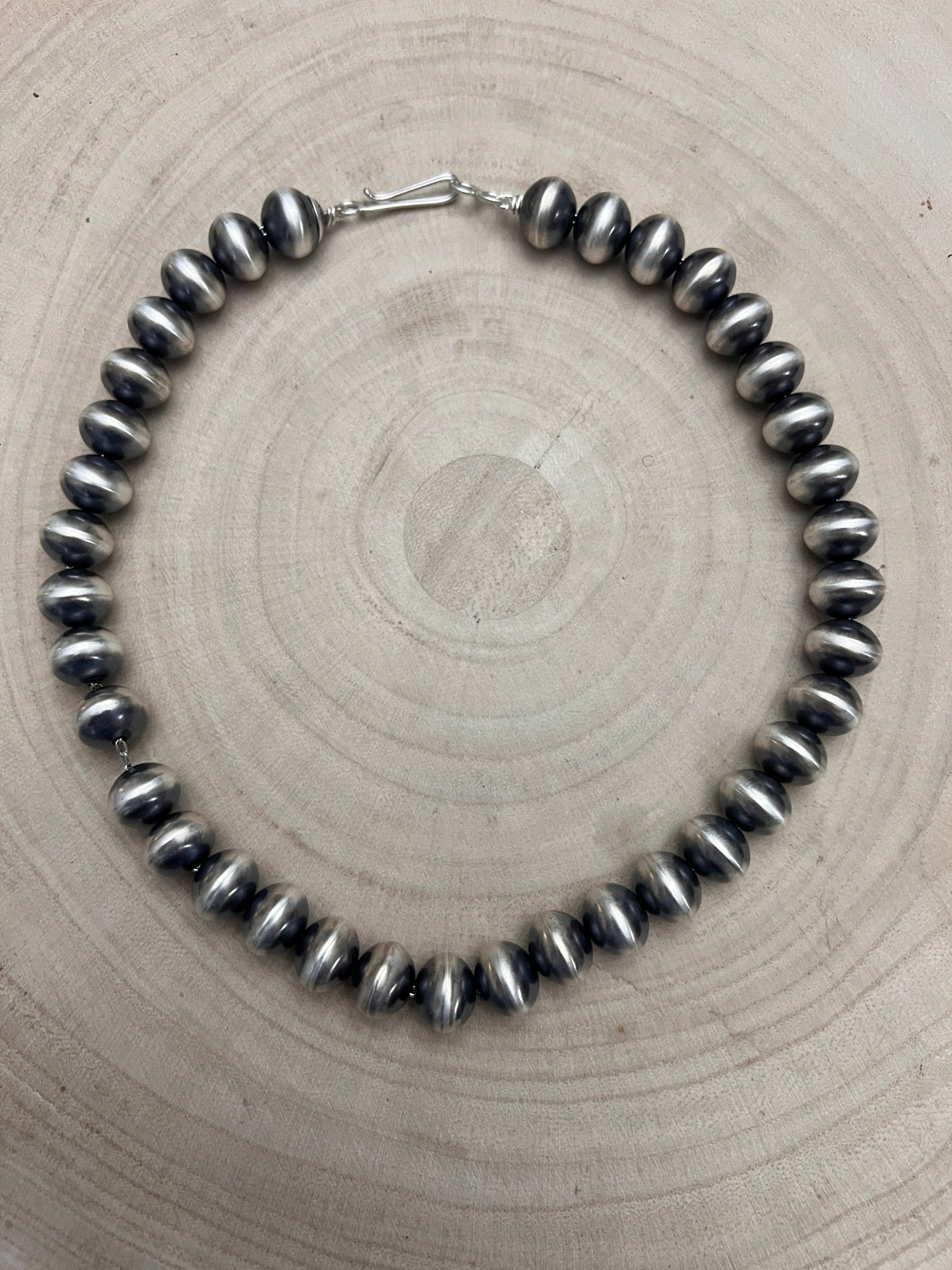 Bryannen Halwood Navajo Sterling Silver Handcrafted Navajo Pearl Necklace — 16" (10mm×13mm Beads, Heirloom) - Cowhide and Conchos