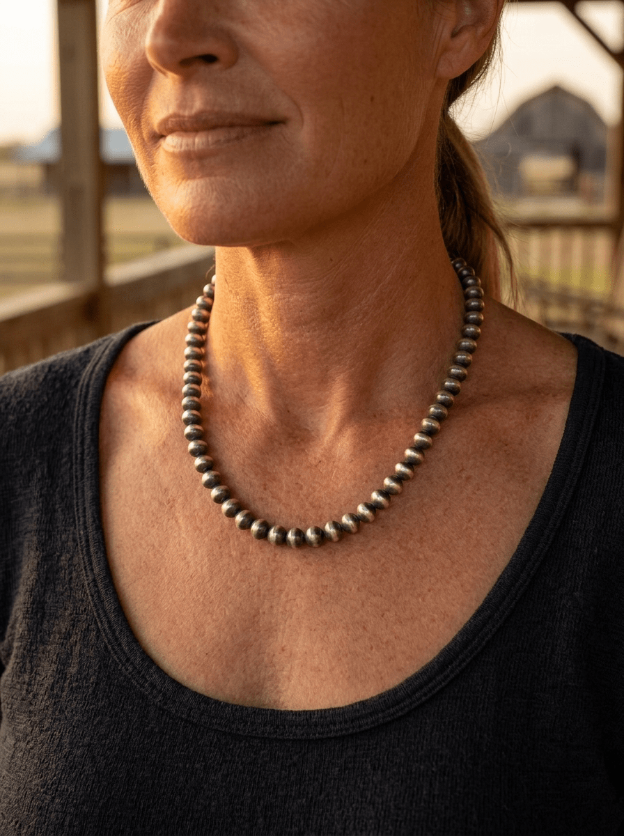 Bryannen Halwood Sterling Silver Navajo Pearl Necklace — 18 inch (Handcrafted, Maker's Stamped) - Cowhide and Conchos