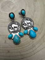 Buffalo Coin Faux Turquoise Cluster Earrings - Cowhide and Conchos