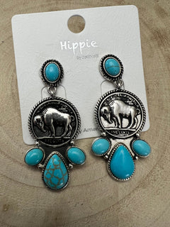 Buffalo Coin Faux Turquoise Cluster Earrings - Cowhide and Conchos