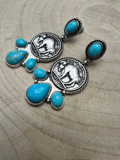 Buffalo Coin Faux Turquoise Cluster Earrings - Cowhide and Conchos