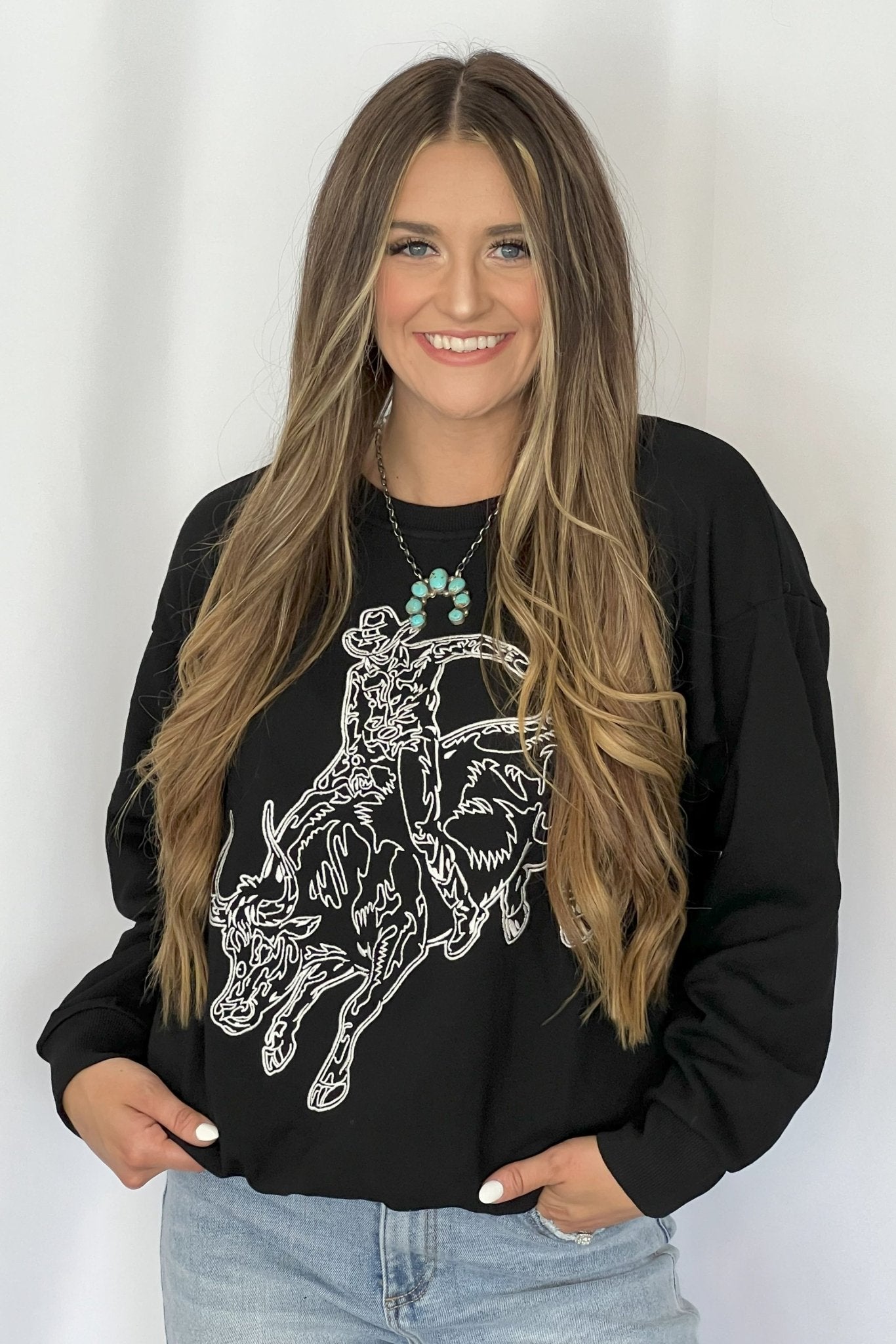 Bull Rider Embroidered Sweatshirt - Cowhide and Conchos