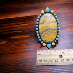 Bumble Bee Jasper and Turquoise Statement Ring - Large Gorgeous Bumblebee - Adjustable Size 8+ - Cowhide and Conchos