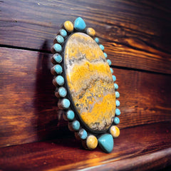 Bumble Bee Jasper and Turquoise Statement Ring - Large Gorgeous Bumblebee - Adjustable Size 8+ - Cowhide and Conchos