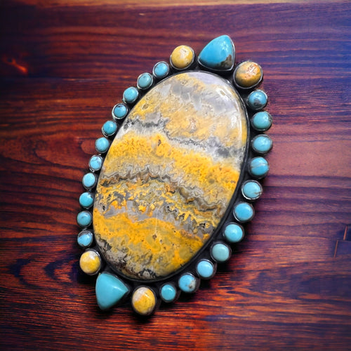 Bumble Bee Jasper and Turquoise Statement Ring - Large Gorgeous Bumblebee - Adjustable Size 8+ - Cowhide and Conchos