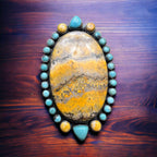 Bumble Bee Jasper and Turquoise Statement Ring - Large Gorgeous Bumblebee - Adjustable Size 8+ - Cowhide and Conchos