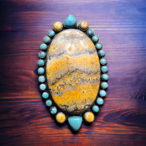 Bumble Bee Jasper and Turquoise Statement Ring - Large Gorgeous Bumblebee - Adjustable Size 8+ - Cowhide and Conchos