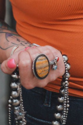 Bumblebee Jasper Statement Ring - Size 9 - Cowhide and Conchos