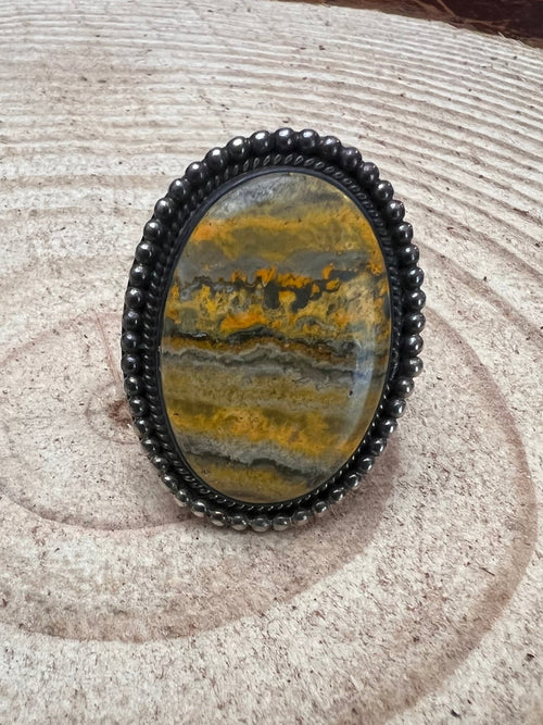 Bumblebee Jasper Statement Ring - Size 9 - Cowhide and Conchos