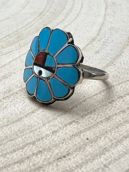 Burdian Soseeah Multi - Stone & Sterling Silver Ring - Size 7.5 - Cowhide and Conchos