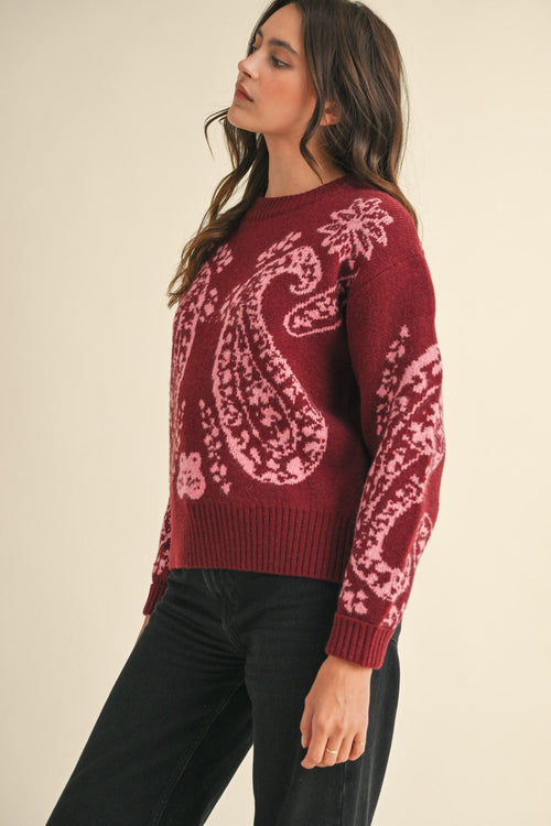 Burgundy and Pink Paisley Sweater - Small and large available - Cowhide and Conchos