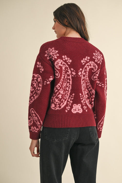 Burgundy and Pink Paisley Sweater - Small and large available - Cowhide and Conchos