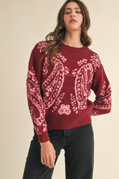 Burgundy and Pink Paisley Sweater - Small and large available - Cowhide and Conchos