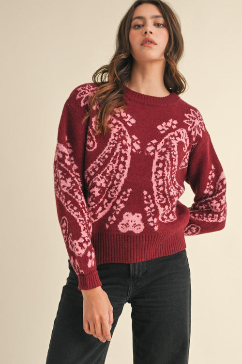 Burgundy and Pink Paisley Sweater - Small and large available - Cowhide and Conchos