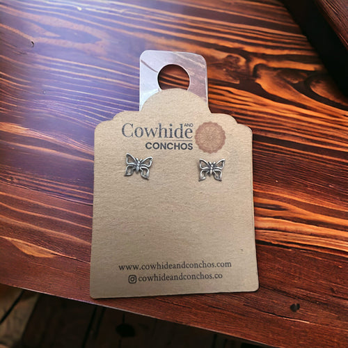 Butterfly post earrings in Sterling Silver - Cowhide and Conchos