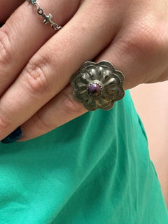 Byron Begay Navajo Handmade Sterling Silver & Purple Spiny Oyster Ring - Size 7 - Cowhide and Conchos