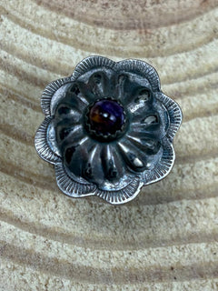 Byron Begay Navajo Handmade Sterling Silver & Purple Spiny Oyster Ring - Size 7 - Cowhide and Conchos