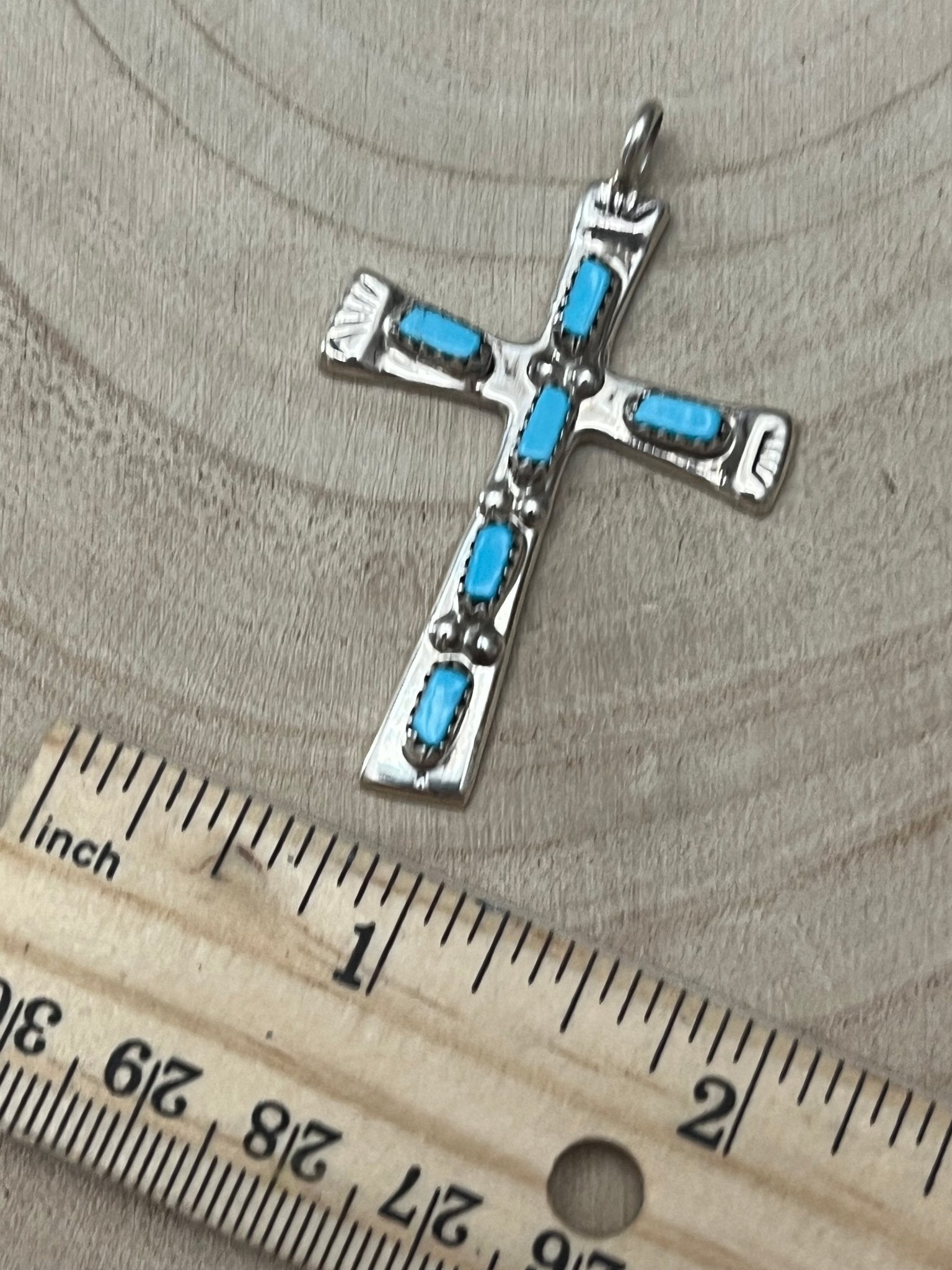 C. Iule Zuni Handmade Turquoise Cross Pendant - Cowhide and Conchos