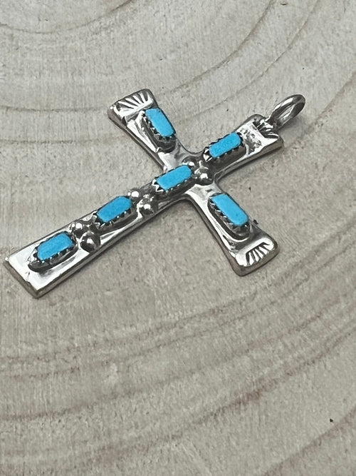 C. Iule Zuni Handmade Turquoise Cross Pendant - Cowhide and Conchos