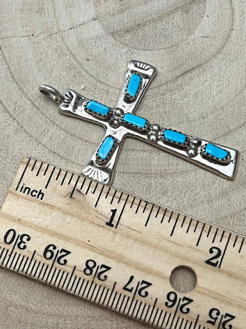 C. Iule Zuni Handmade Turquoise Cross Pendant - Cowhide and Conchos