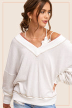 Loose Fit V-neck Waffle Textured Long Sleeve Top