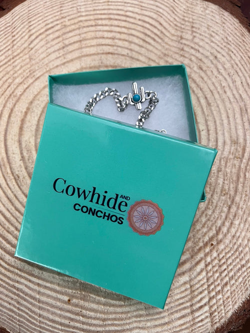 Cactus and Faux Turquoise Cuban Chain Bracelet - Cowhide and Conchos