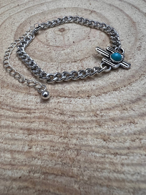 Cactus and Faux Turquoise Cuban Chain Bracelet - Cowhide and Conchos