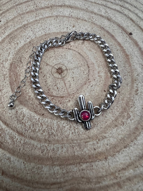 Cactus and Pink Stone Cuban Chain Bracelet - Cowhide and Conchos