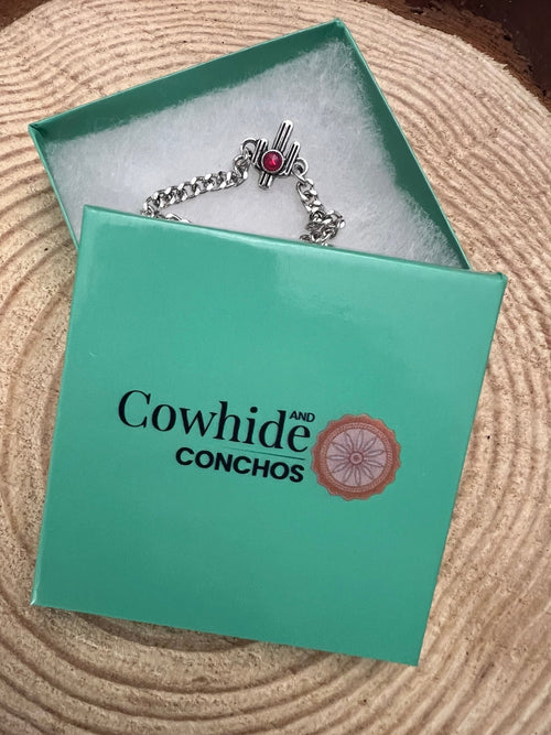 Cactus and Pink Stone Cuban Chain Bracelet - Cowhide and Conchos